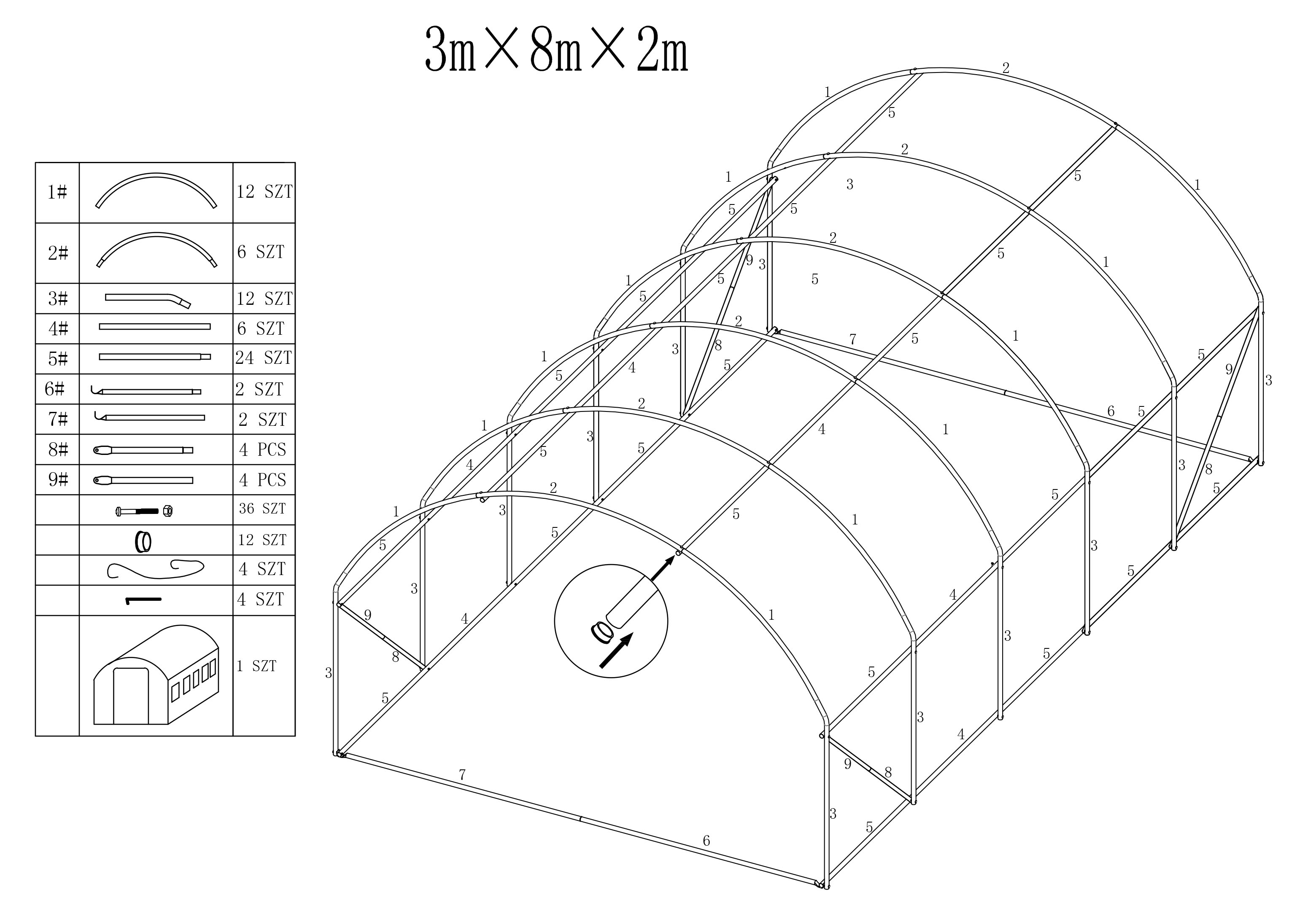 Tunel foliowy - szklarnia ogrodowa 3x8m  24m²